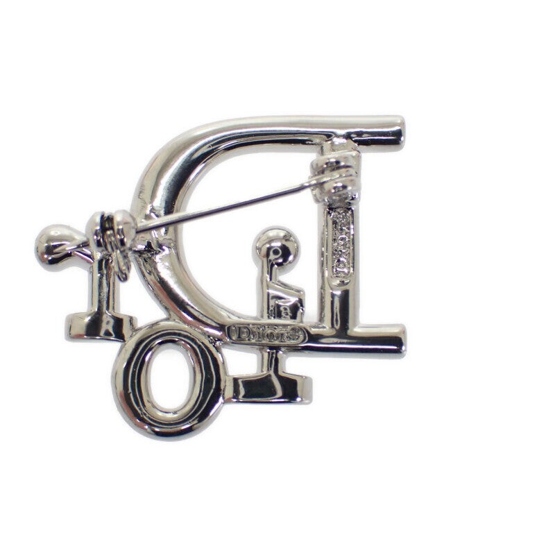 Christian Dior Logo Brooch Metal Rhinestone Silver Women's