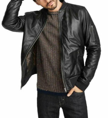 MENS GENUINE LAMBSKIN RETRO BLACK REAL LEATHER BIKER JACKET BOMBER JACKET