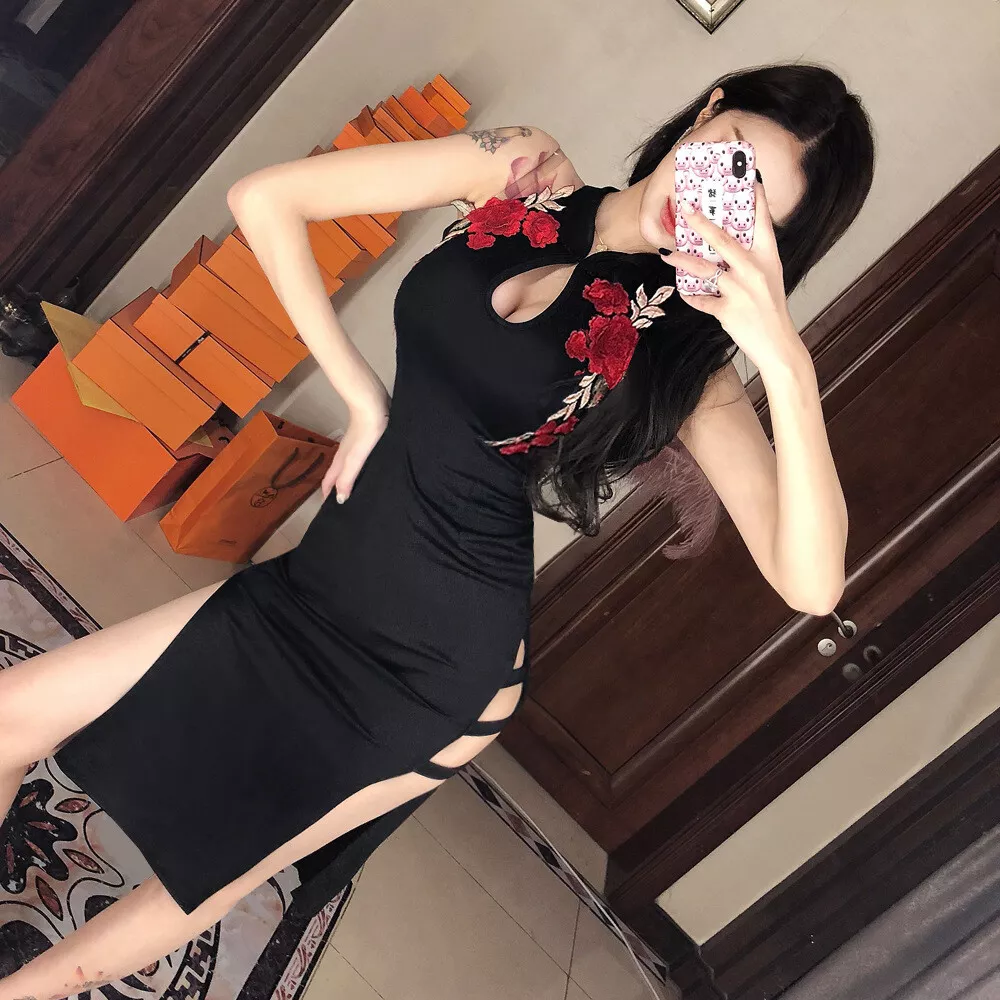 Women Side Slit Dress Sexy Black Embroidery Floral Qipao Cheongsam Bodycon  Skirt