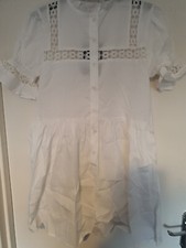 Pretty Little Thing Button Front Puff Sleeve Poplin Hem Smock Dress Size 8 White
