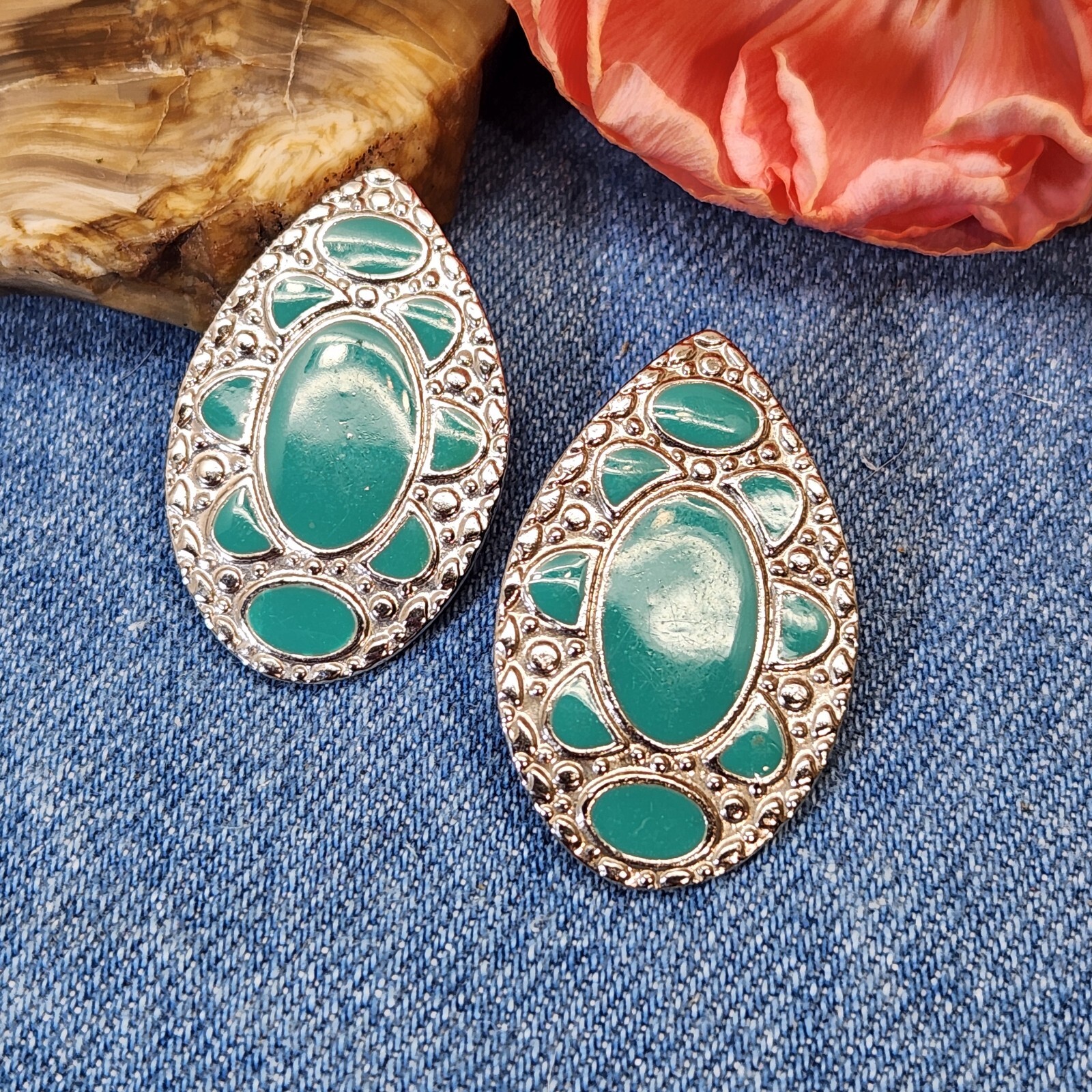 Southwest Teardrop Simulated Turquoise Stud Earrings Big Bold Modern Design 1.75-image