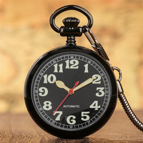 Face Fob Watches Open Men's Self Winding Pocket Watch Luxury Dial Black Luminous - Picture 14 of 16