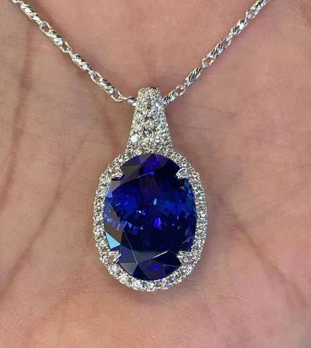 2Ct Oval Lab-Created Blue Sapphire Halo Pendant 14K White Gold Plated 18" Chain - Picture 7 of 7