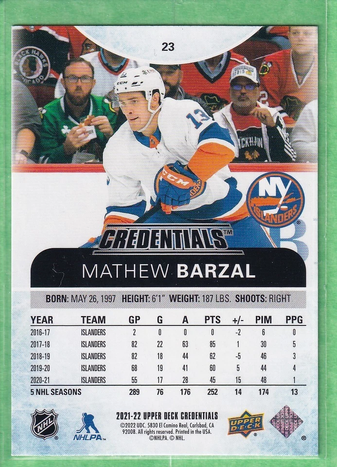 2021-22 Upper Deck Credentials #23 Mathew Barzal New York Islanders - Image 2 of 2