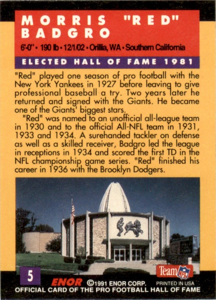 1991 ENOR Pro Football HOF #5 Red Badgro New York Giants - Image 2 of 2