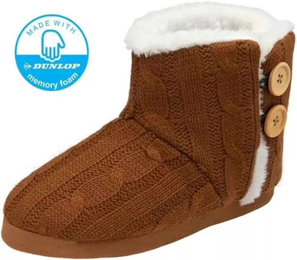 Ladies Slippers Dunlop Memory Foam Slip On Cosy Warm Ankle Indoor Boots Shoes