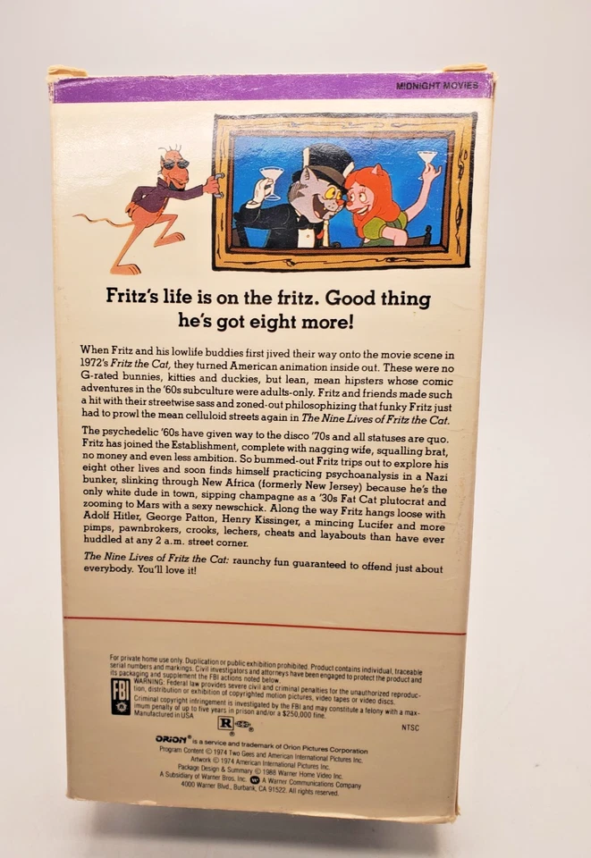THE NINE LIVES OF FRITZ THE CAT- VHS-1974 Rare Cult Animation Film Robert Crumb - Image 3 of 4