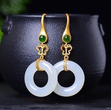 White Jade Donut Earrings 18K Gold Plated Inlaid Jasper Ear Hook Jewelry
