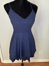 Windsor Blue Glitter Fit & Flare Mini Dress V-Neck Strappy Sleeveless Size M