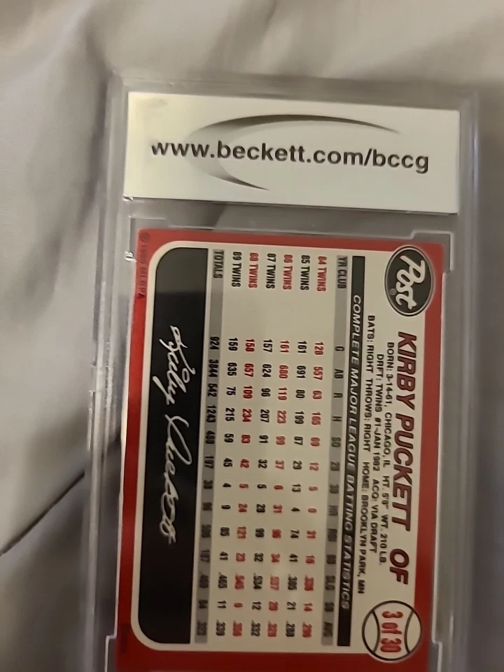 1990 Post Kirby Puckett #3 Graded BCCG 10 Mint Or Better Minnesota Twins - Image 2 of 2
