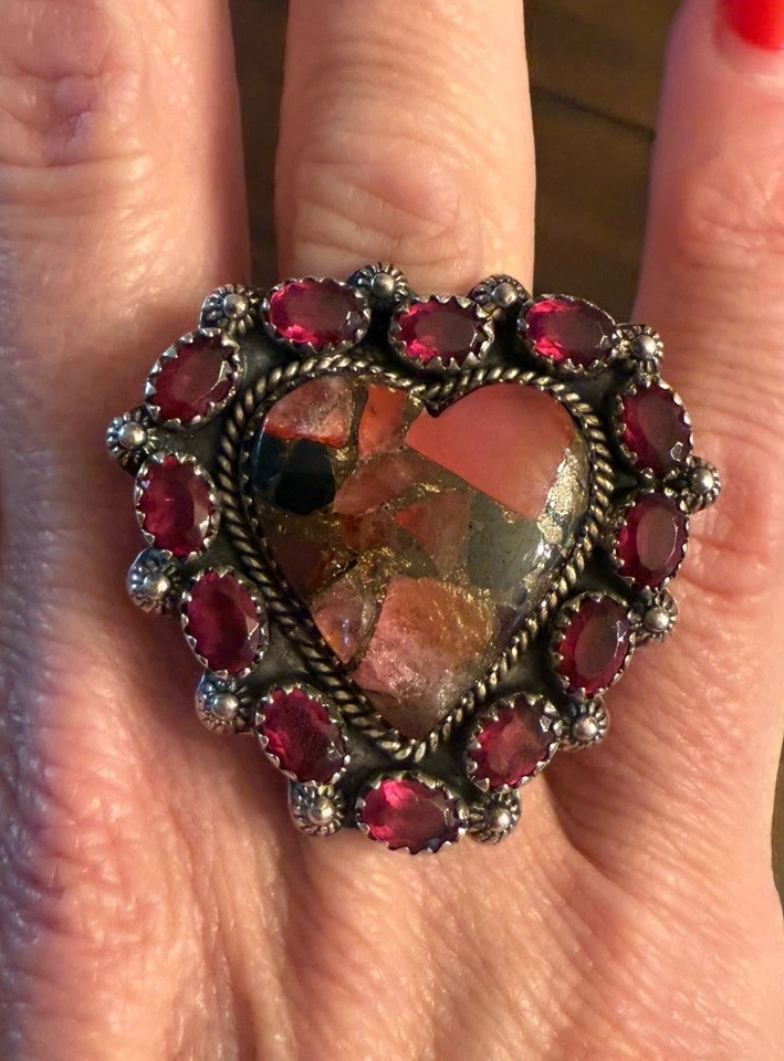 Anillo Rosa Dalia Turquesa 925 Corazón Esterlina Mate Talla Ajustable Piedras rojas talla 5-7 Foto 2 de 4