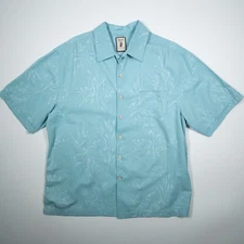 Jamaica Jaxx Men’s L Blue 100% Silk Hawaiian Shirt Palm Leaf Jacquard Camp Style