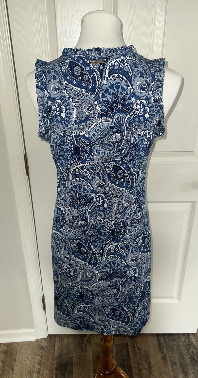 Abito MICHAEL KORS paisley scollo a V volant senza maniche floreale blu bianco piccolo nuovo con etichette