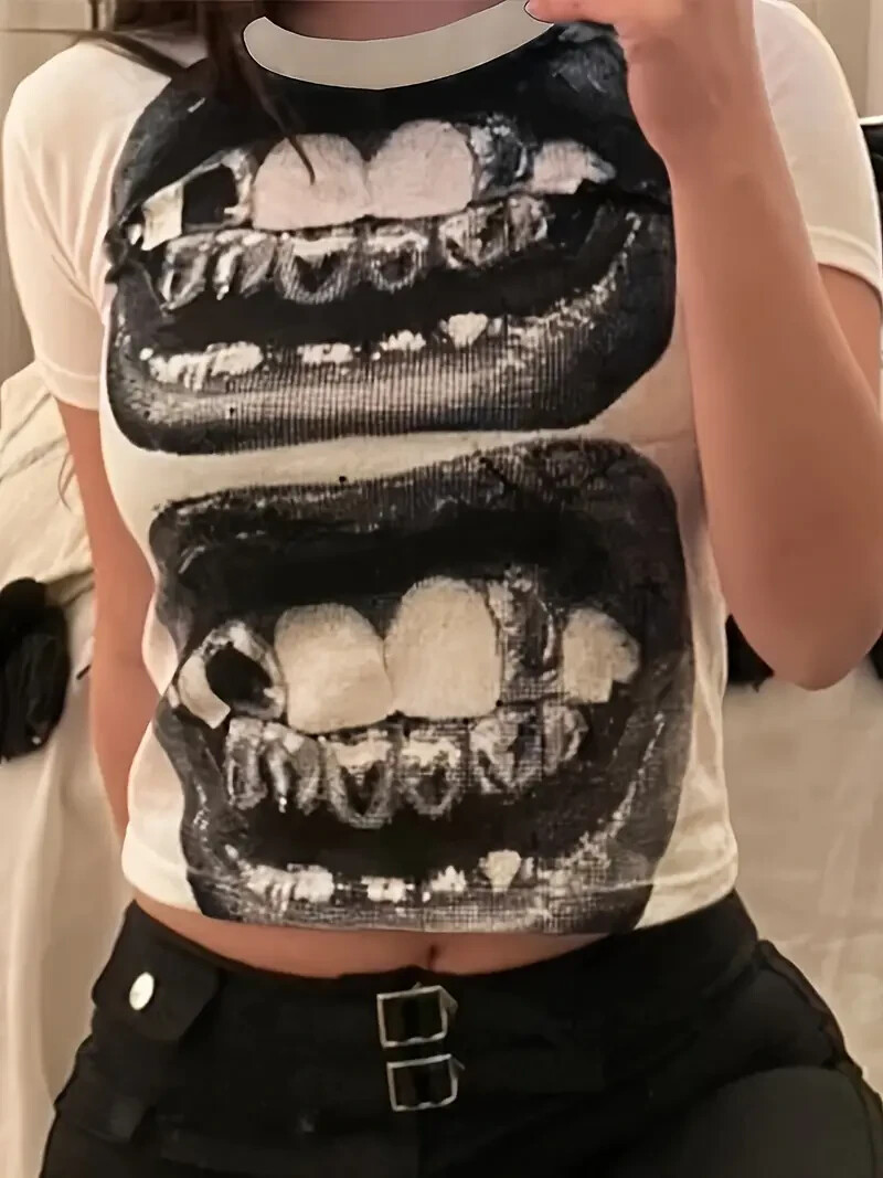 tシャツ　y2k Graphic Teeth Print T-shirt, Y2K Short Sleeve Crew Neck Top