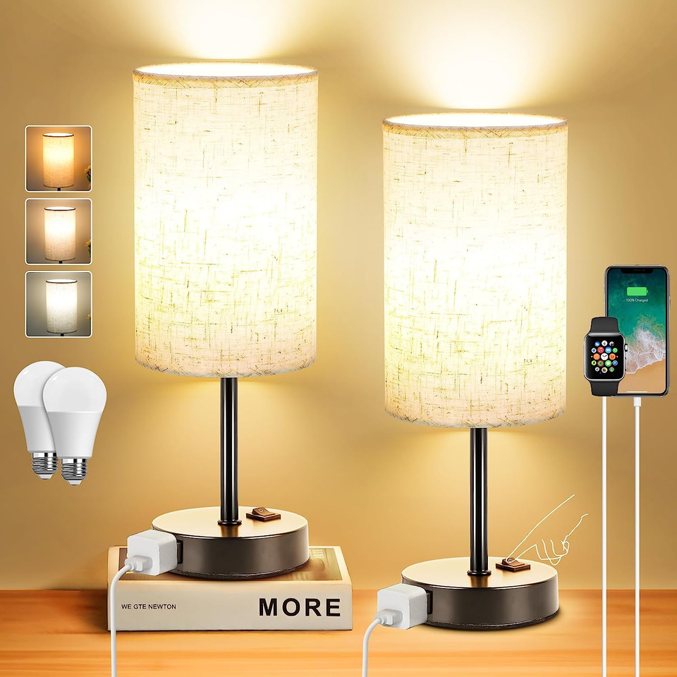Table Lamp for Bedroom Set of 2, Bedside Small Lamps with 3 Way