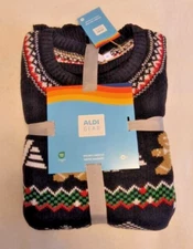 Aldi Gear 2024 Christmas Sweater, Black, XL, Gingerbread Man, Snowflake