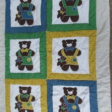 Teddy Bear Appliqu  Baby Quilt Lap Throw 48" X 36" Blue Brown Beige
