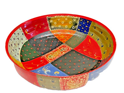 Bowl Lacquered Wood Signed 7.5 Inch Colorful Patchwork Vintage