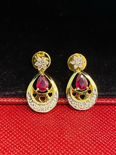 Pave 1 TCW Round Brilliant Cut Diamonds Ruby Dangle Earrings In 585 14Karat Gold - Picture 9 of 12
