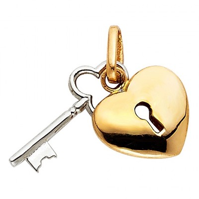 14K Two tone Genuine Gold Key to My Heart Charm Pendant Lock Key Heart Valentine