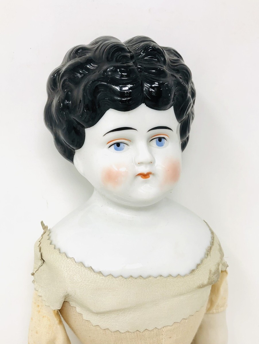 Lovely Antique German Black Haired China Head Doll W/ Cloth