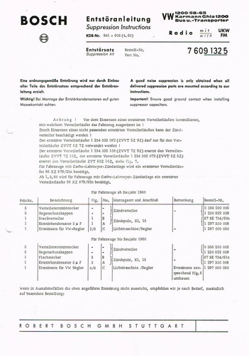 Bosch Radio Entstöranleitung VW 1200 Karmann Ghia Bus Transporter orig. 1966