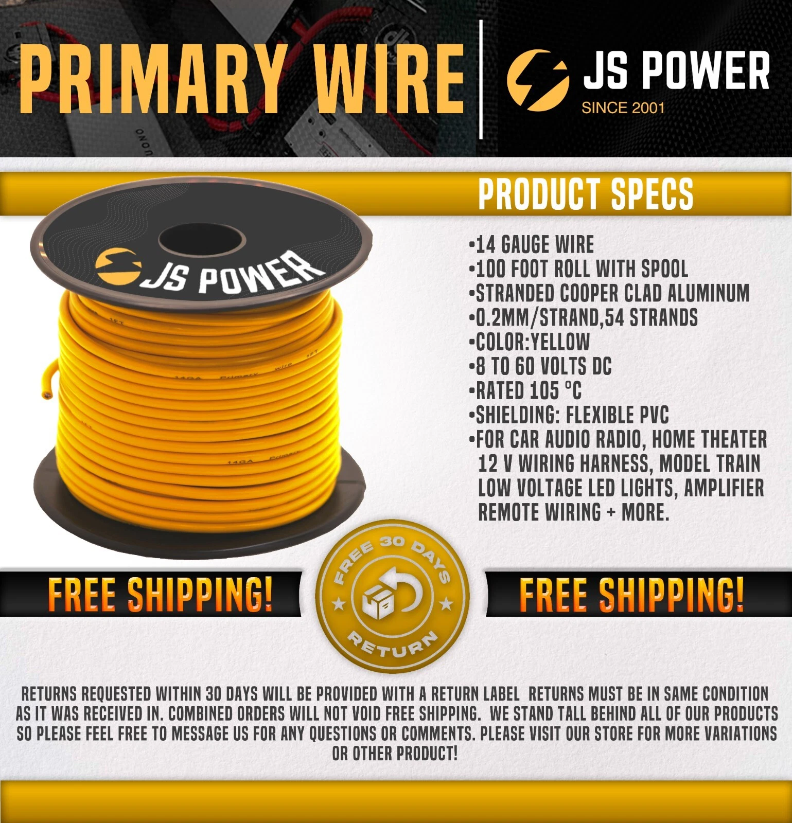 14 Gauge - YELLOW - 100 Foot Spool Primary Wire Remote Cable for Auto & Home CCA - Picture 7 of 7