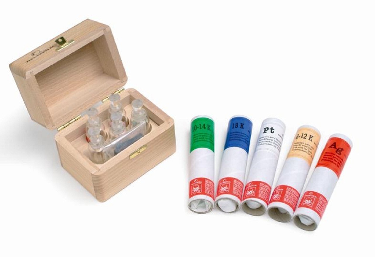 Testeur d'or et argent coffret en bois avec 5 acides de test de pureté