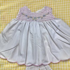 Vintage Smocked Pinafore Dress, 18 Mos, White w Pink Smocking 1960s Toddler