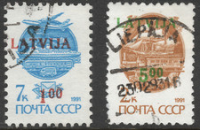1992 Latvia Sc 327, 329  Overprinted "LATVIJA' Surcharged 1.00, 5.00