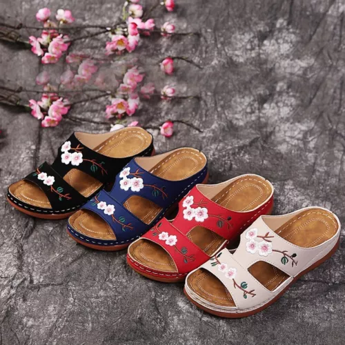 Womens Wedge Heel Slip On Sandals Flower Beach Ladies Walking Mules Shoes Summer - Picture 2 of 18