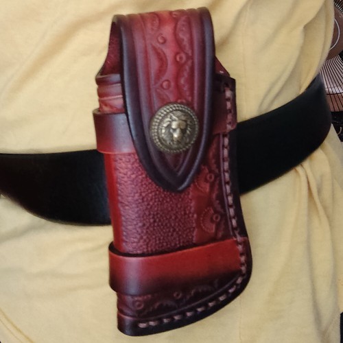 Hand Made Carved Cow Leather Sheath For 4.7" Folding Knife Cover Pouch Belt Clip - Picture 12 of 12