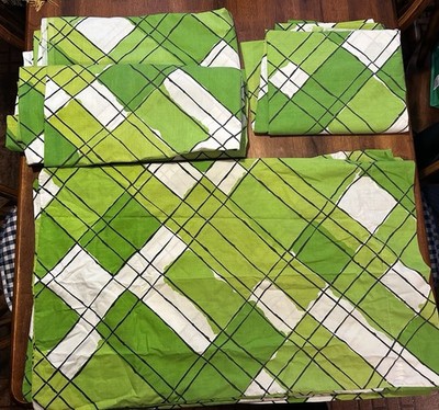 Rare Vtg Vera  Painted Plaid  Green Burlington  Twin Flat Sheets & Pillowcases