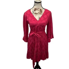 Maeve Anthropologie Pink Jacquard V Neck 3/4 Sleeve Tie Waist Midi Dress Size 2