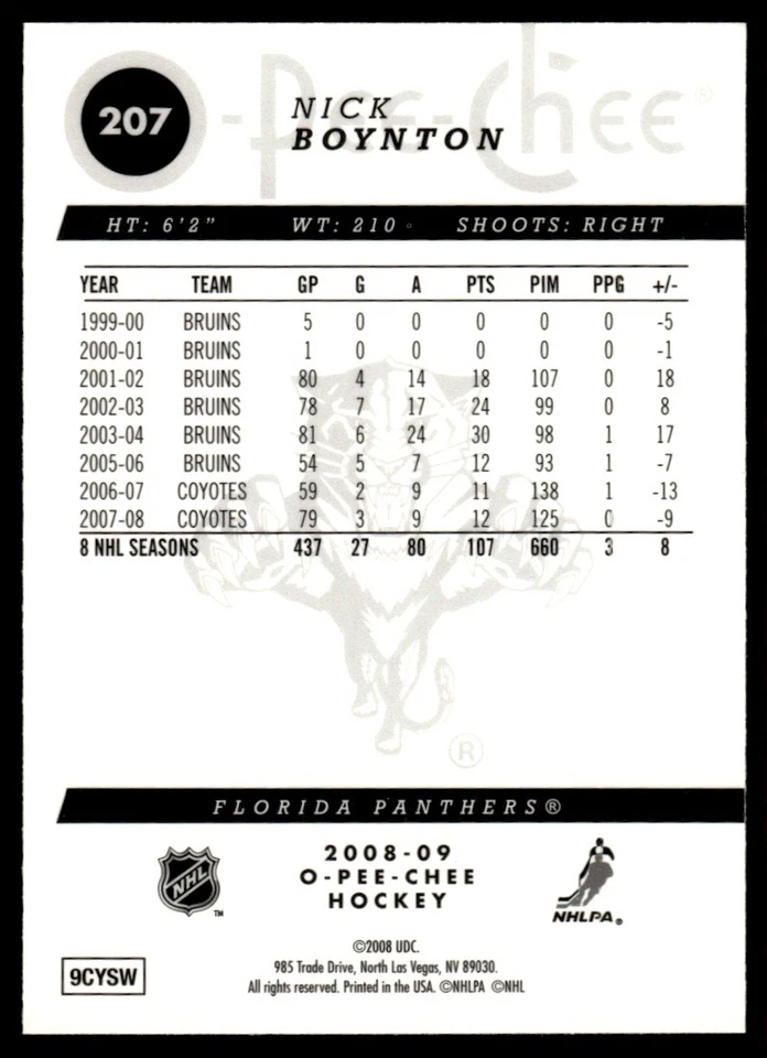 2008-09 O-Pee-Chee Metal Nick Boynton Florida Panthers #207 - Image 2 of 2