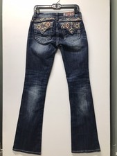 MISS ME RELAXED BOOT JEANS SZ 25 Inseam 34 Blue Denim Embroidered Leather Insert