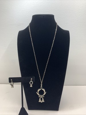 Vintage Pewter Silver Tone  Upside Down Tulip Pendant Necklace And Earrings Set