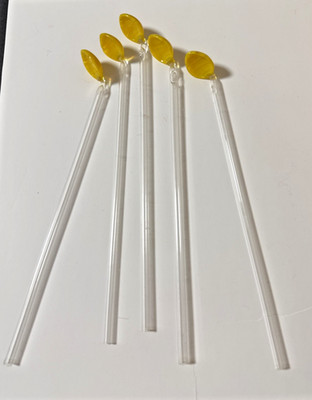 Hand Blown Glass Swizzle Stir Stick Straws Spoons Barware Yellow Swirl Set of 5