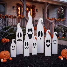 8 Pcs Halloween White Ghost Yard Signs Outdoor with Stakes Cute Face Design
