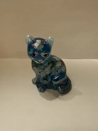Vintage Fenton Glass Cat Figurine Iridescent Blue Hand Painted Signed Floral