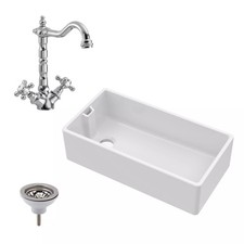 Fireclay Belfast Kitchen Sink with Overflow, 895mm 1 Bowl, French Classic Style 