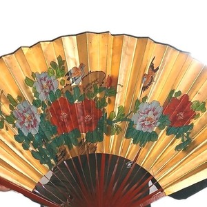 Vintage Large Oriental Asian Folding Wall Fan Decor Hand Painted 60 x 30 inches