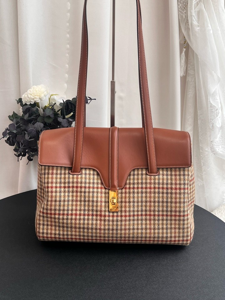Authentic Pre-owned Celine Soft 16 Tan Check Wool & Leather Shoulder Tote Bag