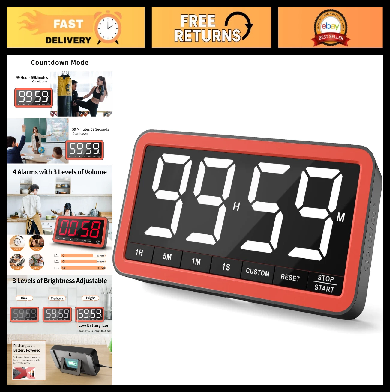 Extra Large Digital Kitchen Timer - 7.8” Display, Magnetic, LED, 4 Alarms, 3 Vol