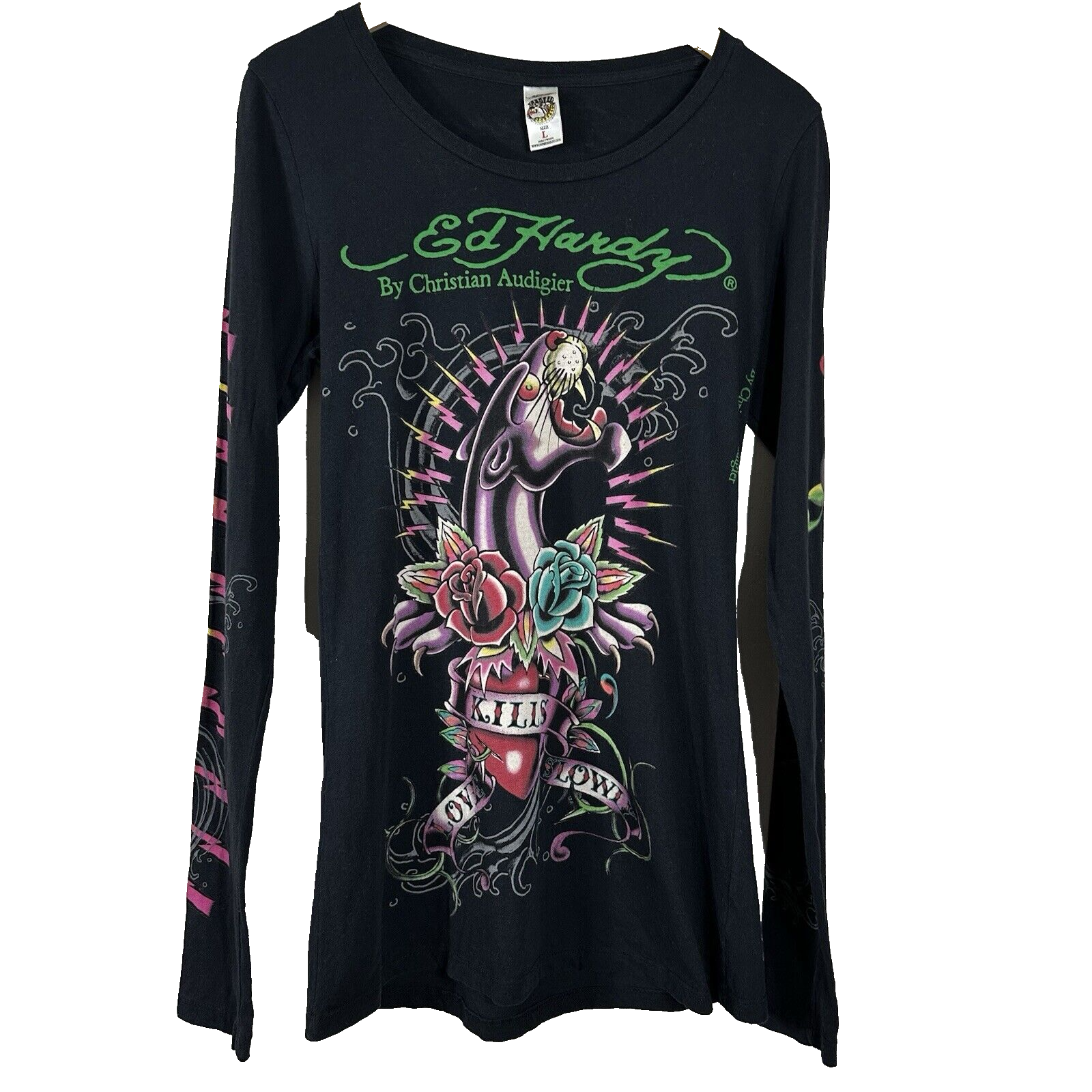Ed Hardy Y2K Women's Tee Black Graphic Panther & Roses Long Sleeves Tunis Size L