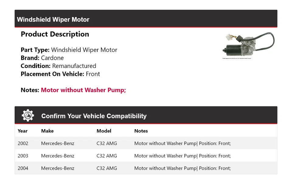 Para Mercedes-Benz C32 AMG 2002-2004 Limpiaparabrisas Motor Delantero Cardone 2003 Foto 2 de 4