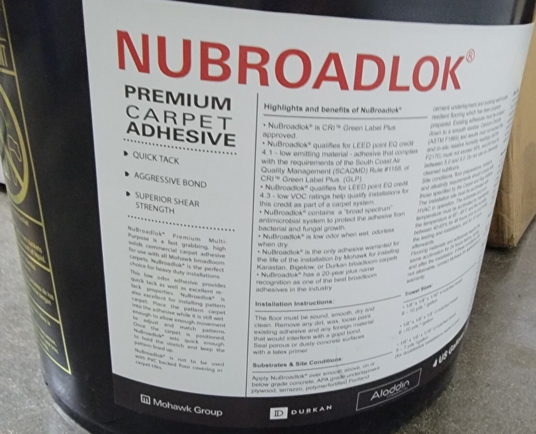 Brand New Four Gallon Containers Of Nubroadlok Carpet Adhesive 4 Gallon