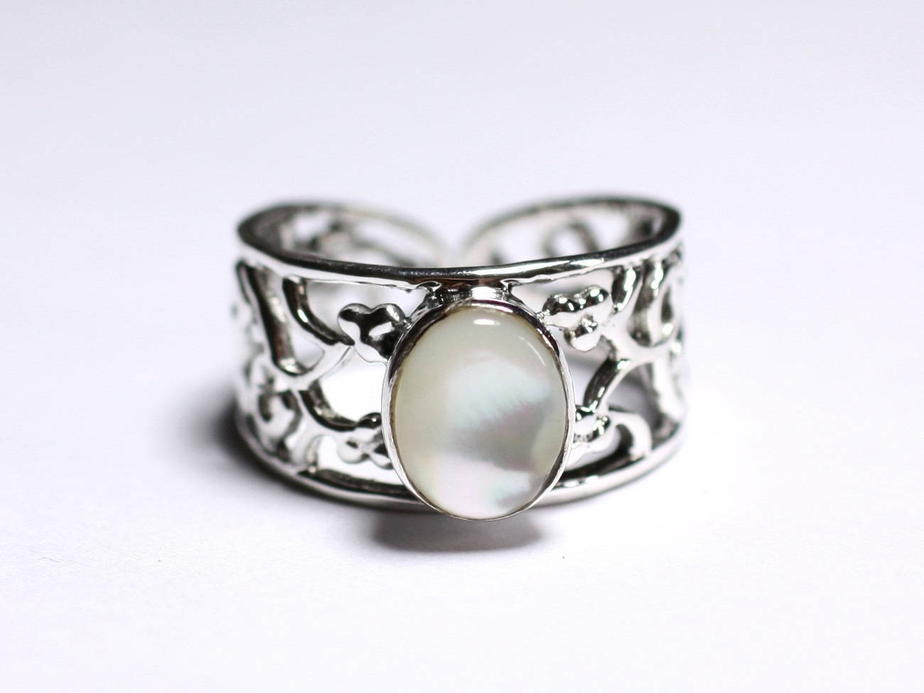 Bague Argent 925 Nacre blanche irisée N224, style bohème chic