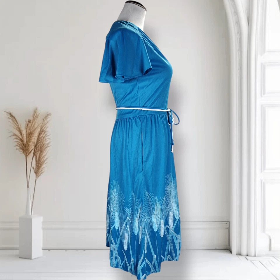 Vestido midi vintage años 70 Shaheen estampado de bordes talla S manga acampanada bolsillos de trigo Foto 3 de 4