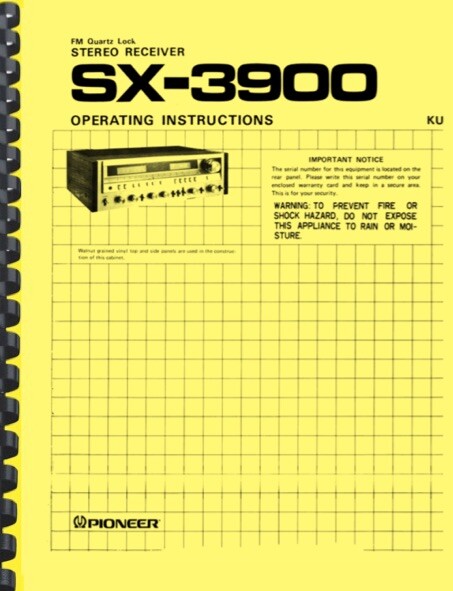 Pioneer SX-3900 Stereo Receiver 3-in-1 OWNER'S MANUAL and SERVICE MANUAL
